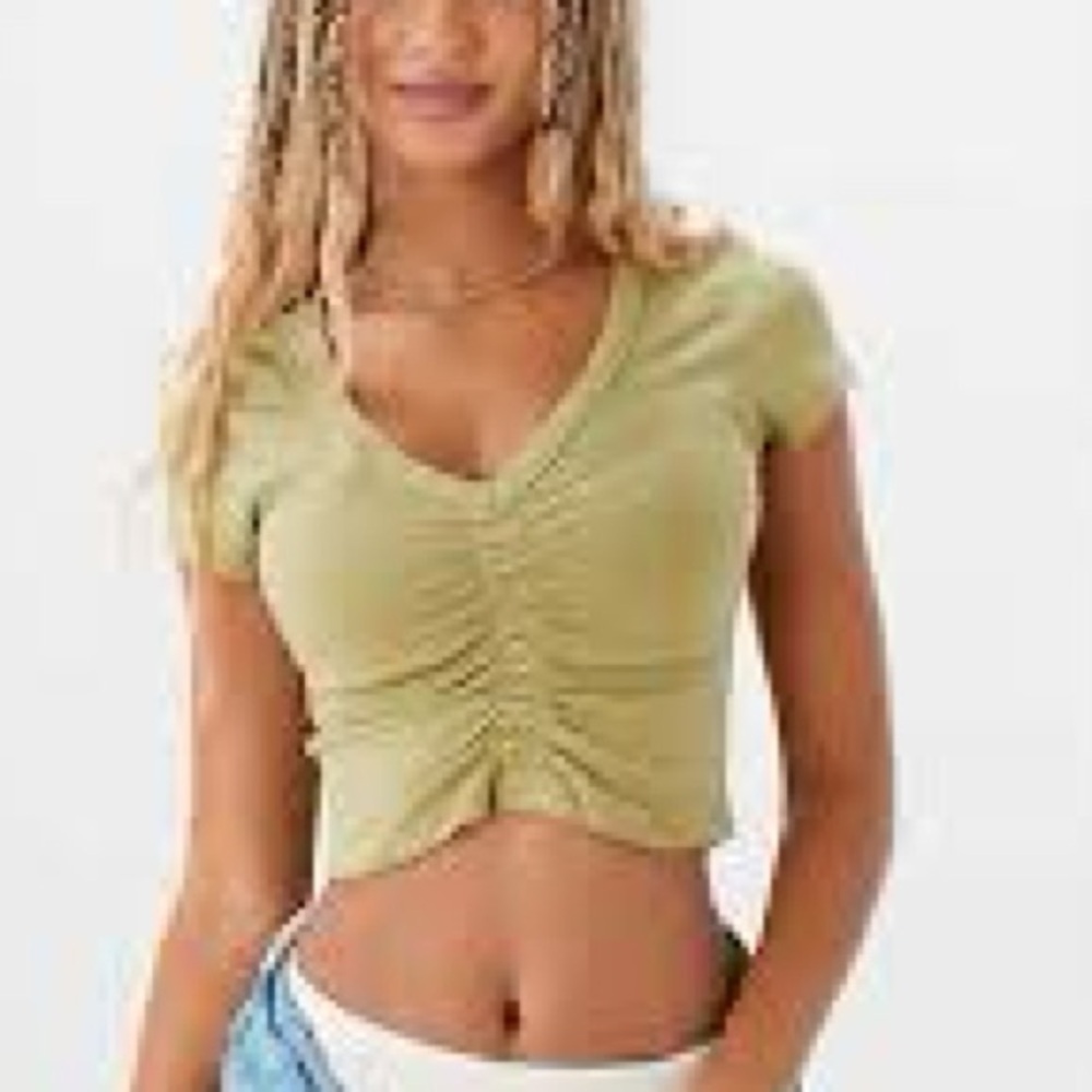 American Eagle V-Neck Ruched Olive Green Crop Top 🔴